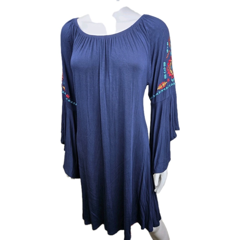Panhandle Blue Midi Dress Flowy Embroidered Western Aztec Flowey Oversized XL